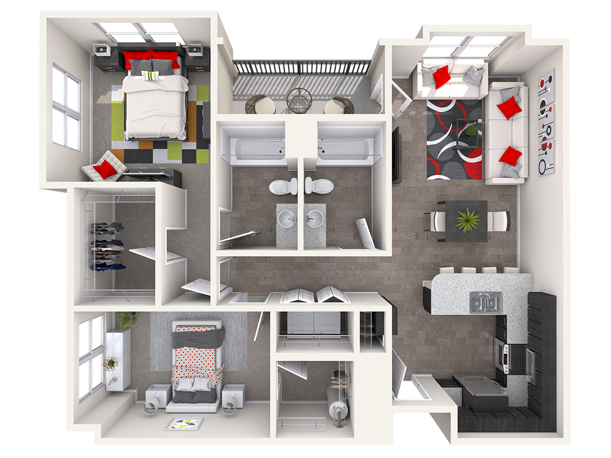 Unit Plan 2C, 2 br, 2 ba, 1038 sq. ft.